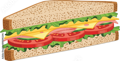 Fresh Sandwich Vector Illustration with Bread, Lettuce, Tomato, Cheese, and Ham Layers for Food Menu and Restaurant Designs