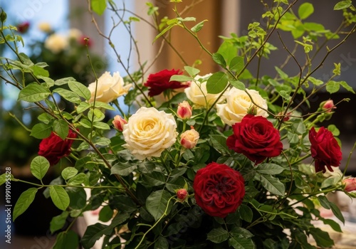 Vibrant roses in full bloom with lush green foliage in a garden