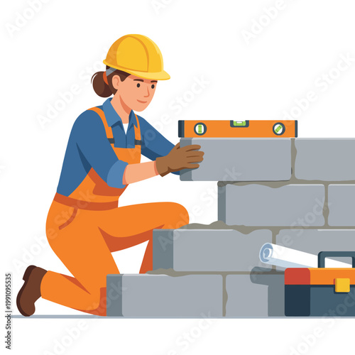 A determined female contractor constructs a brick wall, exemplifying strength and hard work in the construction field with tools and materials around her.