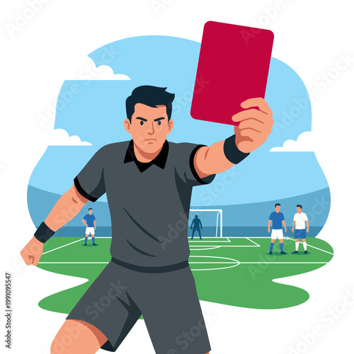 A stern referee holding a red card during a soccer match conveys authority and discipline in sports, highlighted through a realistic yet artistic representation.