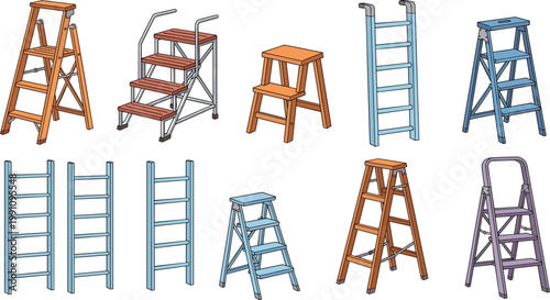 Ladder and Stepladder Collection Vector Illustration Set with Wooden and Metal Step Ladders in Various Styles for Construction Designs