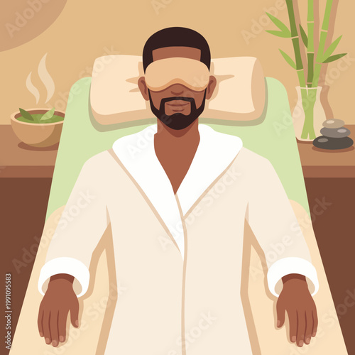 A calm man enjoys a relaxing spa experience, lying on a massage bed with a soothing eye mask, surrounded by tranquil elements that promote wellness and self-care.
