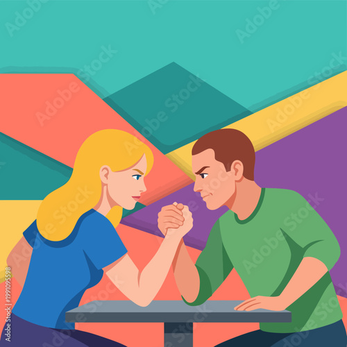This image showcases a competitive arm wrestling match between a woman and a man, portraying determination, strength, and the spirit of rivalry between the two.