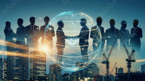 Global business and industrial synergy concept with silhouettes of professionals, engineers, and digital world globe network overlay
