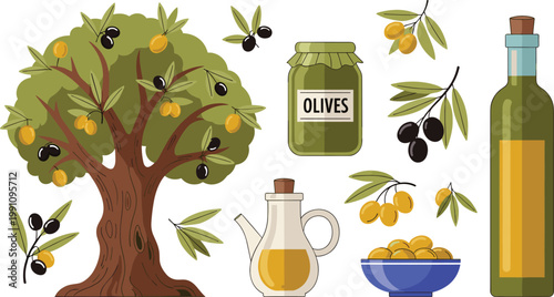 Olive Tree and Oil Product Icon Set with Jar, Bottle, Branch, and Bowl for Mediterranean Food, Nature, and Healthy Lifestyle Designs