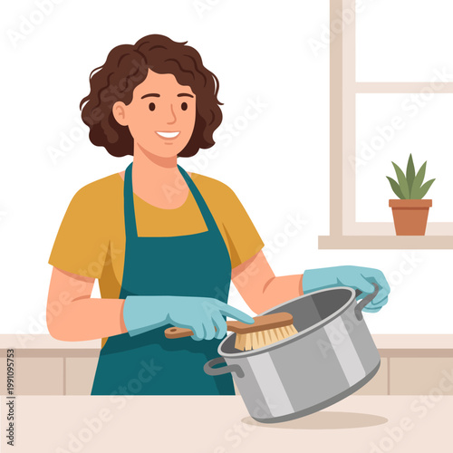 This cheerful character focuses on cleaning a pot, showcasing the importance of kitchen cleanliness and preparation for delicious meals in everyday cooking activities.