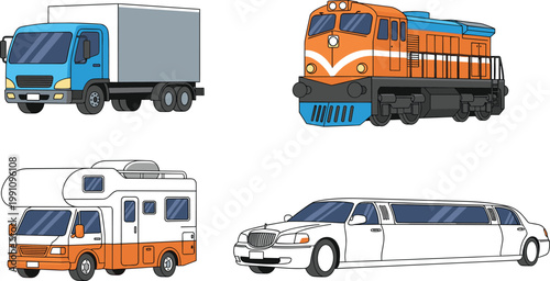 Transportation Vehicle Set Featuring Delivery Cargo Truck Diesel Locomotive Train Recreational Vehicle RV Camper and Luxury White Limousine for Logistics Travel and Transport Industry Designs