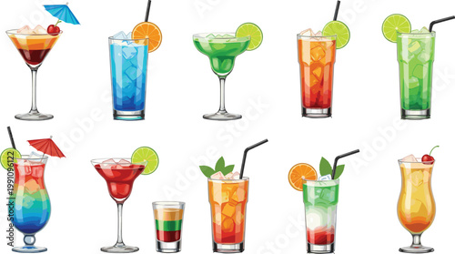 Tropical Cocktail Drink Set Vector Illustration with Colorful Alcoholic Beverages, Fruit Garnish, and Party Glasses for Bar Menu Designs