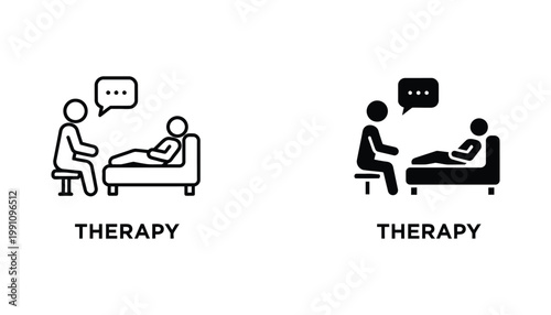 Psychotherapy session icon featuring patient lying on couch talking to therapist in office vector graphic set for mental health apps counseling websites and medical design elements in black style