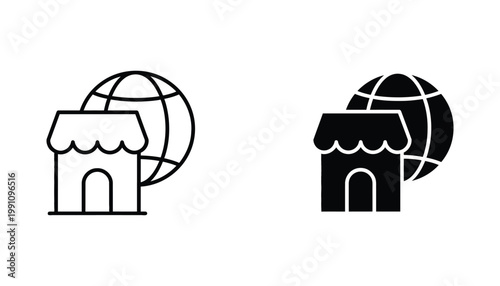E-commerce global store icon set featuring storefront under globe representing international online shopping and worldwide retail business logistics in outline and solid black vector graphic format
