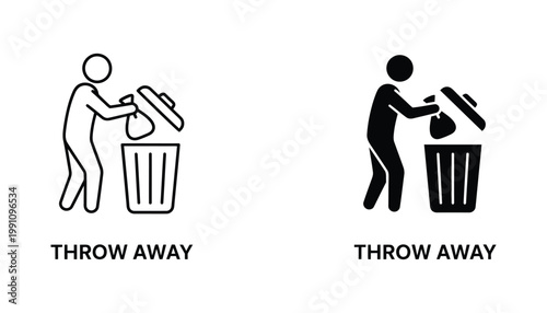 Person throwing trash into bin icon set representing waste disposal cleanup and environment protection in outline and solid black vector graphic style for municipal and recycling service apps