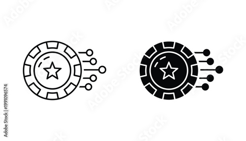 Casino poker chip with star and network node connections vector icon set for digital gambling or online betting platform branding