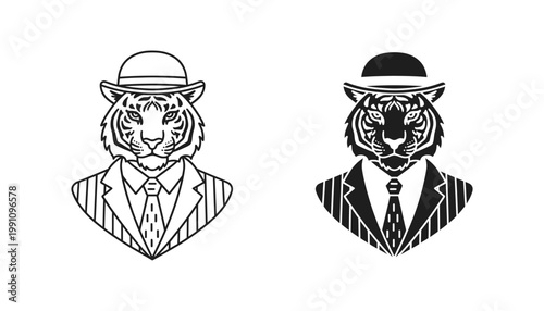 Tiger in bowler hat and suit vector illustration set showing classy predator character in formal attire with striped tie design for creative mascot branding