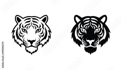 Tiger head mascot logo design set with fierce expression for sports teams or extreme outdoor brands requiring powerful imagery