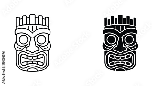 Polynesian style tiki mask vector icon set with tribal patterns for tropical themes or cultural brand identity design elements