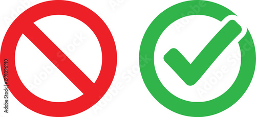 A pair of circular icons featuring a red prohibition sign and a green check mark for validation. Vector
