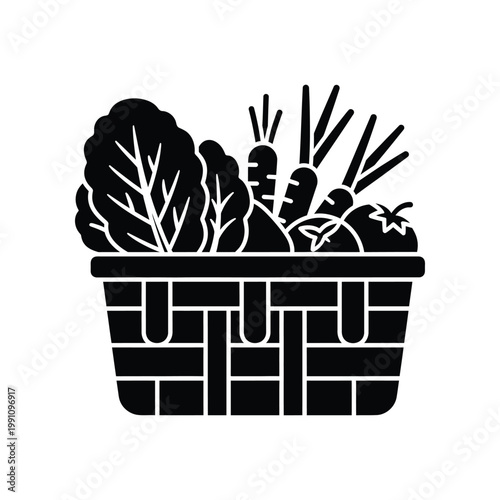 Solid black basket filled with fresh vegetables icon for grocery and healthy food shopping website applications