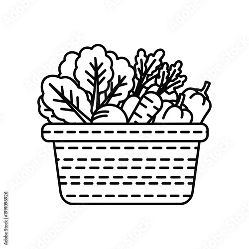 Linear basket filled with fresh vegetables icon for grocery shopping and organic food market industry branding