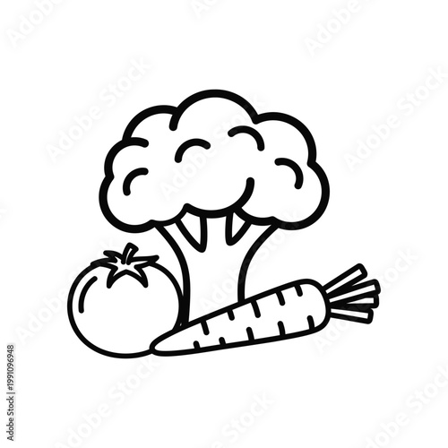 Outline style vegetable group icon showing broccoli tomato and carrot for healthy lifestyle and food industry branding