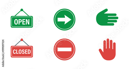 Collection of information signs including open closed exit and stop. Vector Illustration.	
