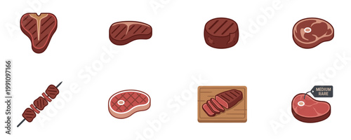 Various types of raw and grilled meat and steak icons. Vector Illustration.	
