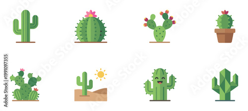 Different cacti and desert succulent plants set flat vector illustration. 