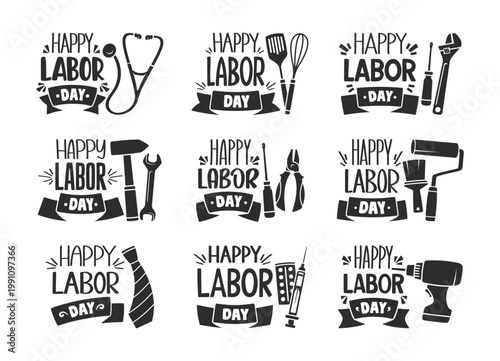 Labor Day Badges With Tools Hand Drawn