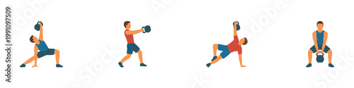Set of men performing various kettlebell exercises in flat vector style. Vector Illustration.	
