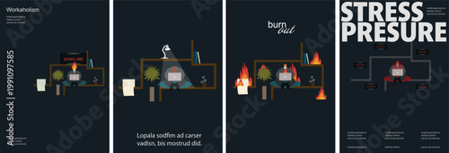 Modern poster collection illustrating work stress, burnout, and mental health in a digital work environment. Suitable for business presentations, social media, corporate wellness content