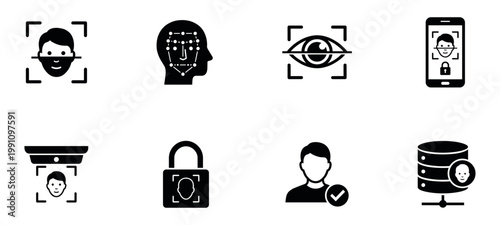 Biometric identification and face recognition black silhouette icon set. Vector Illustration.	
