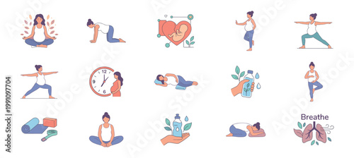 Prenatal yoga and pregnancy wellness illustrations for expectant mothers. Vector Illustration.	
