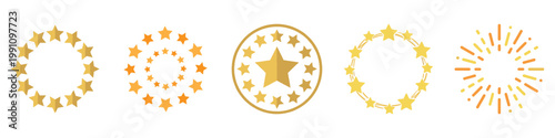 Golden star rating and award icons with sunburst frames. Vector Illustration.	
