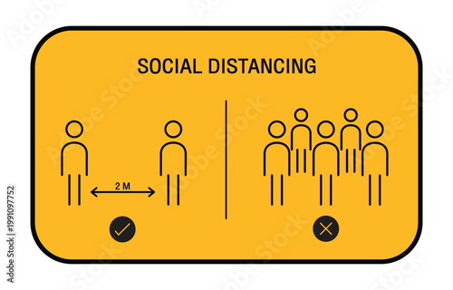 Social distancing sign vector illustration with people icons and 2m distance indicator
