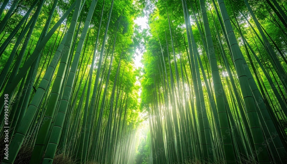Fototapeta premium Serene Bamboo Forest with Sunlight Filtering.