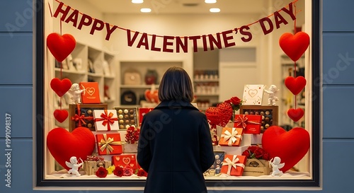 A woman in a black coat looks at a Valentine's Day store window display with red hearts and gifts