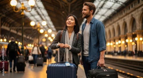 Happy couple with luggage standing on train station platform smiling and looking up ready for travel adventure