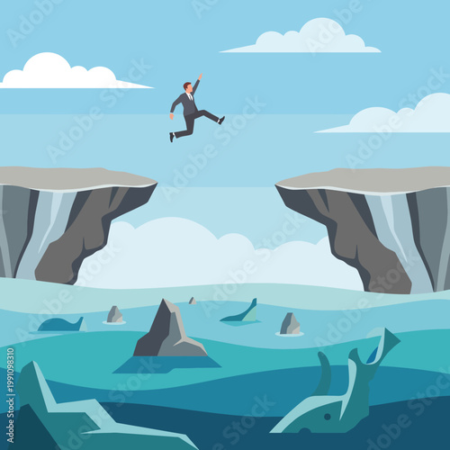 A businessman in formal attire leaps confidently over a chasm, representing risk-taking, ambition, and the journey of overcoming obstacles in the pursuit of success.