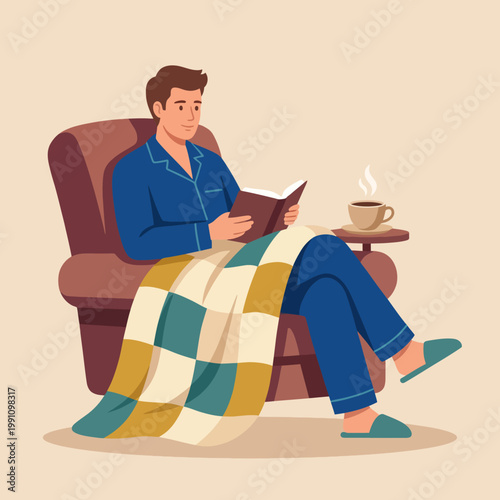 A person relaxes on a comfortable chair with a book, enjoying a cozy moment wrapped in a blanket, accompanied by a cup of steaming coffee for warmth and comfort.