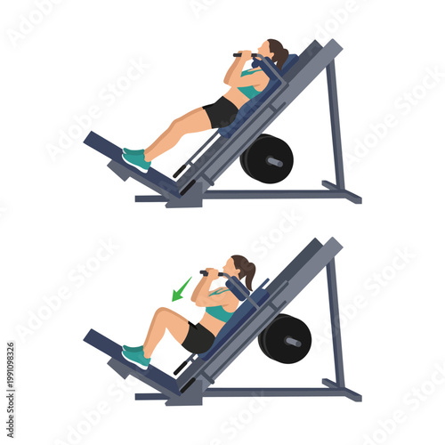 A woman performing a leg press exercise, showcasing proper technique and form on a gym machine. This image emphasizes fitness and strength training for leg muscles.