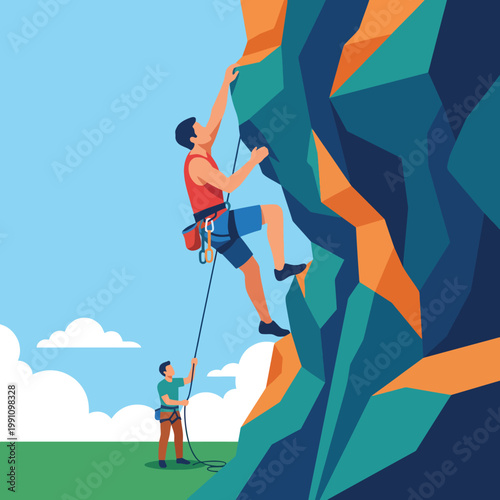 A climber scales a colorful rock wall with focus and determination, supported by a partner holding the safety rope below, embodying the spirit of adventure and teamwork.