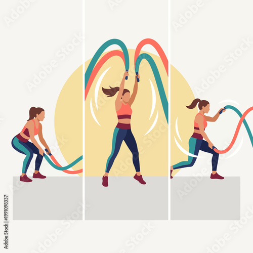 A dynamic illustration of a woman engaged in a high-energy battlerope workout, showcasing strength and determination as she performs different exercises with the ropes.