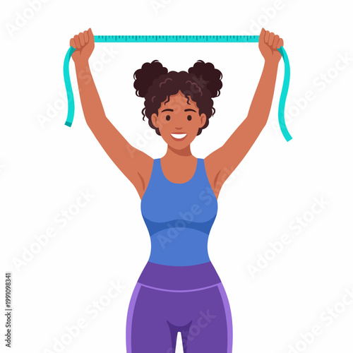 A joyful woman celebrates her fitness success by raising a tape measure above her head, reflecting determination and positive body image in a vibrant exercise environment.
