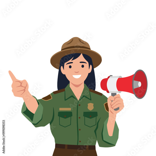 A cheerful park ranger holds a megaphone, ready to engage and educate visitors about nature conservation and environmental awareness while showcasing her enthusiasm for the outdoors.