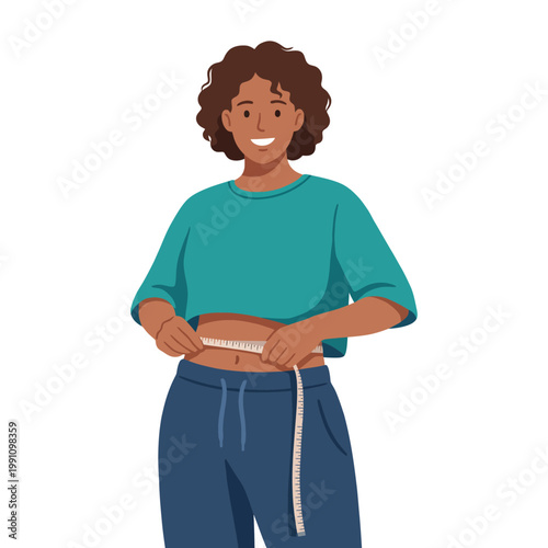 A joyful individual is measuring their waist with a tape measure, showcasing a positive attitude towards fitness, health, and body positivity in a casual setting.
