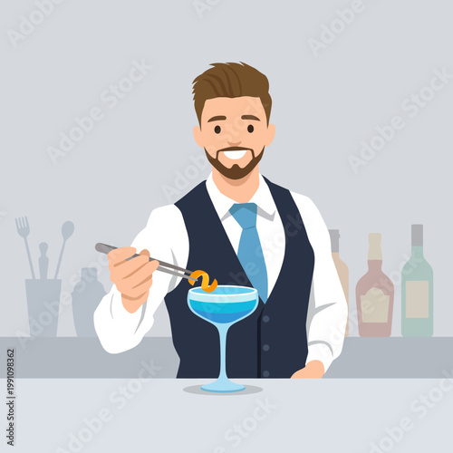 An appealing illustration of a stylish bartender artfully preparing a cocktail, showcasing the creative and social aspects of mixology in a sophisticated bar atmosphere.