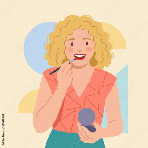 A smiling woman applying lipstick while looking into a mirror, highlighting personal grooming and self-expression through makeup and beauty routines.