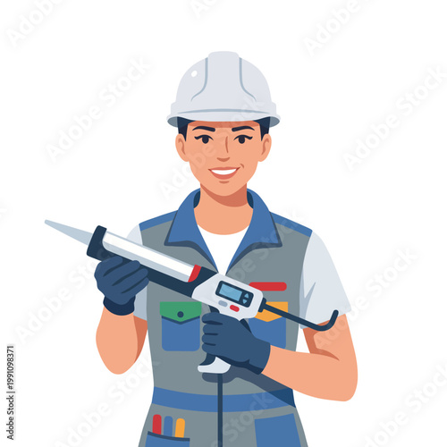 A smiling construction worker proudly displays a caulking gun, showcasing skills in construction and maintenance, embodying professionalism in the building industry.