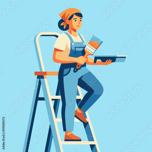 A creative woman stands on a ladder holding a paintbrush, ready to beautify a space by painting, symbolizing artistic expression and the joy of home improvement projects.