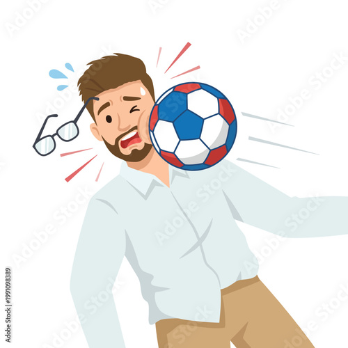 A surprised man getting hit by a soccer ball captures a moment full of unexpected humor and spontaneity in a visually relatable and energetic illustration.