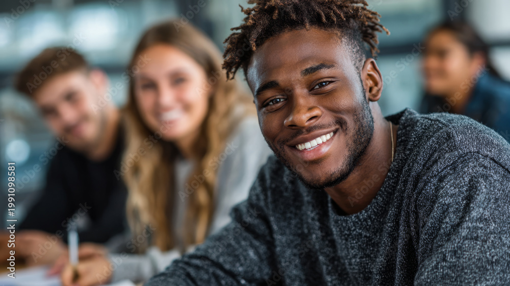 Fototapeta premium Young diverse students smiling and studying together in a bright classroom setting